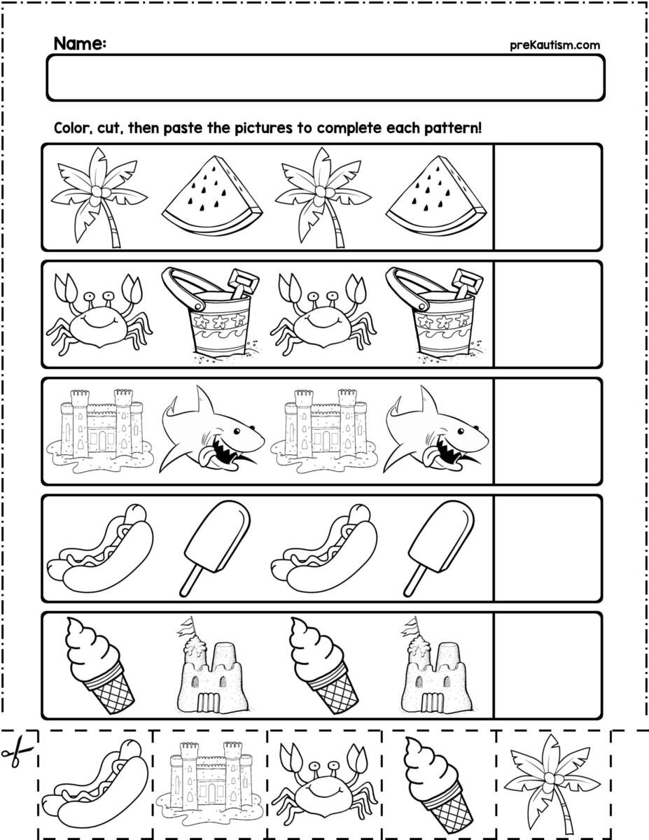 Summer Objects AB Pattern Worksheets 10 Pages By PreKautism TPT