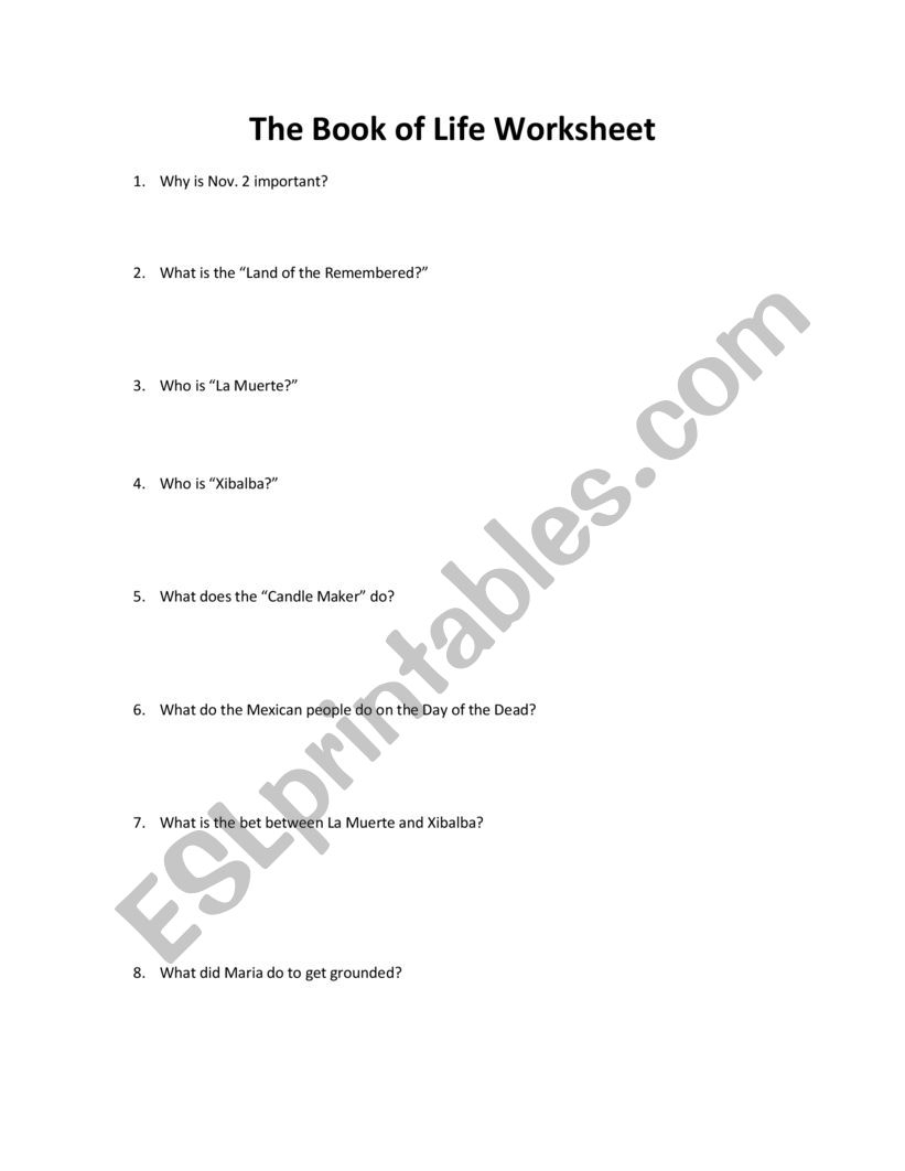 The Book Of Life Movie Worksheet ESL Worksheet By Lopez cesar r