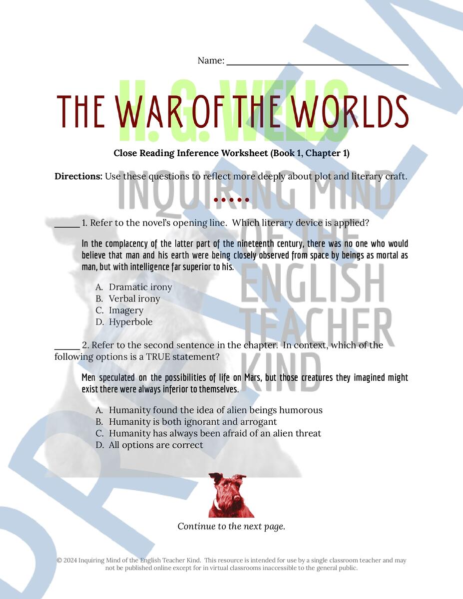 The War Of The Worlds Book 1 Chapter 1 Inference Worksheet Made By Teachers The War Of The Worlds Book 1 Chapter 1 Inference Worksheet Made By Teachers