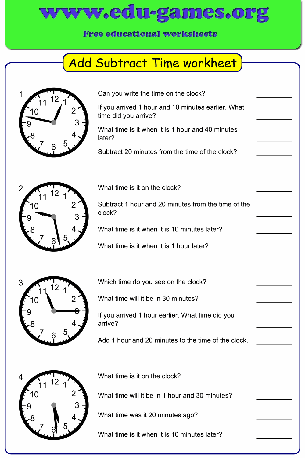 Add And Subtract Time Worksheets