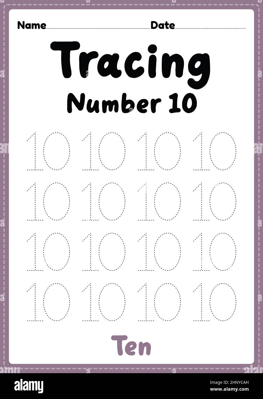 Tracing Number 10 Worksheet For Kindergarten Preschool And Montessori Kids For Handwriting Practice Activities In A Printable Page Stock Photo Alamy