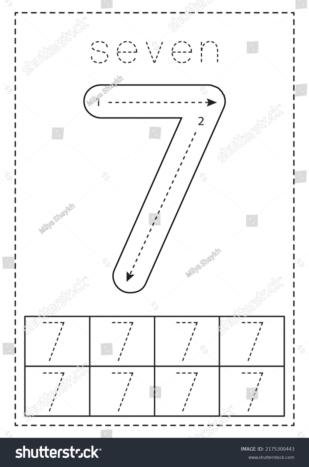 Tracing Number Seven Black White Worksheet Stock Vector Royalty Free 2175300443 Shutterstock