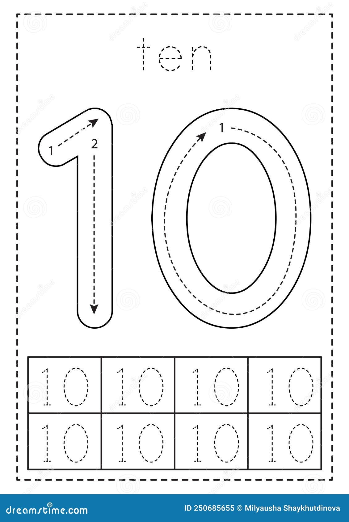 Tracing Number Ten Preschool Worksheet Black And White Stock Vector Illustration Of Homework Cartoon 250685655