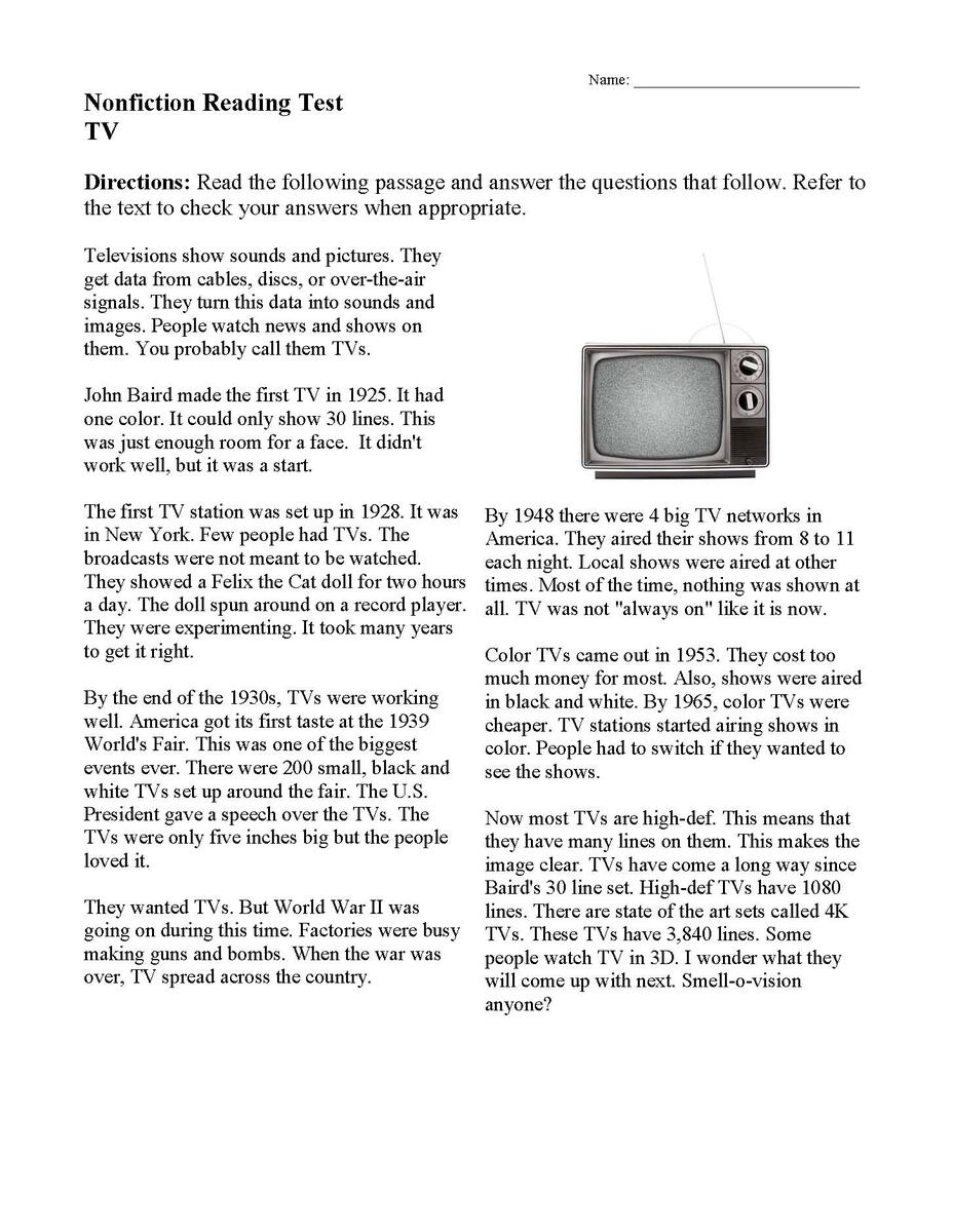 TV Nonfiction Reading Activity