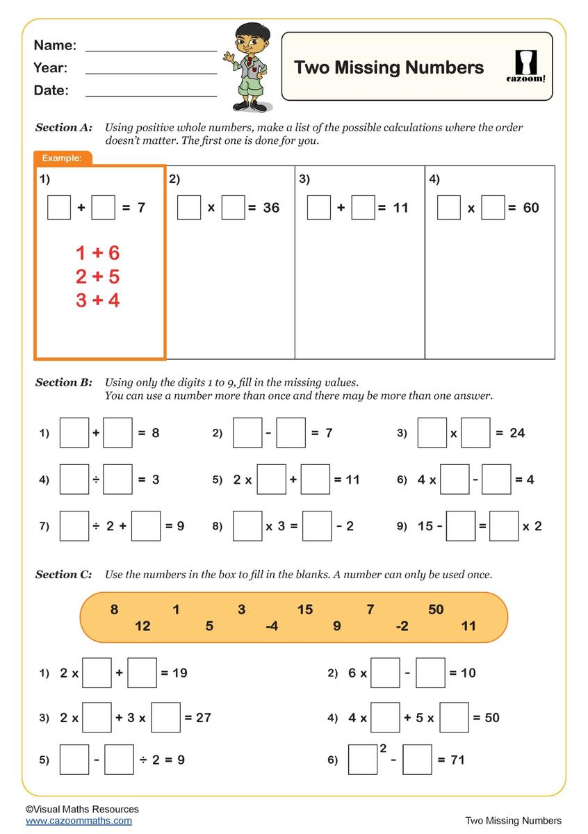 Two Missing Numbers Worksheet Fun And Engaging Year 6 PDF Worksheets Two Missing Numbers Worksheet Fun And Engaging Year 6 PDF Worksheets