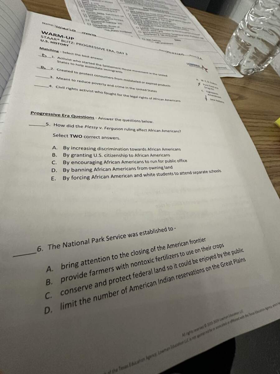 WARM UP STAAR BLITZ PROGRESSIVE ERA DAY 3 U S HISTORY Matching Sele