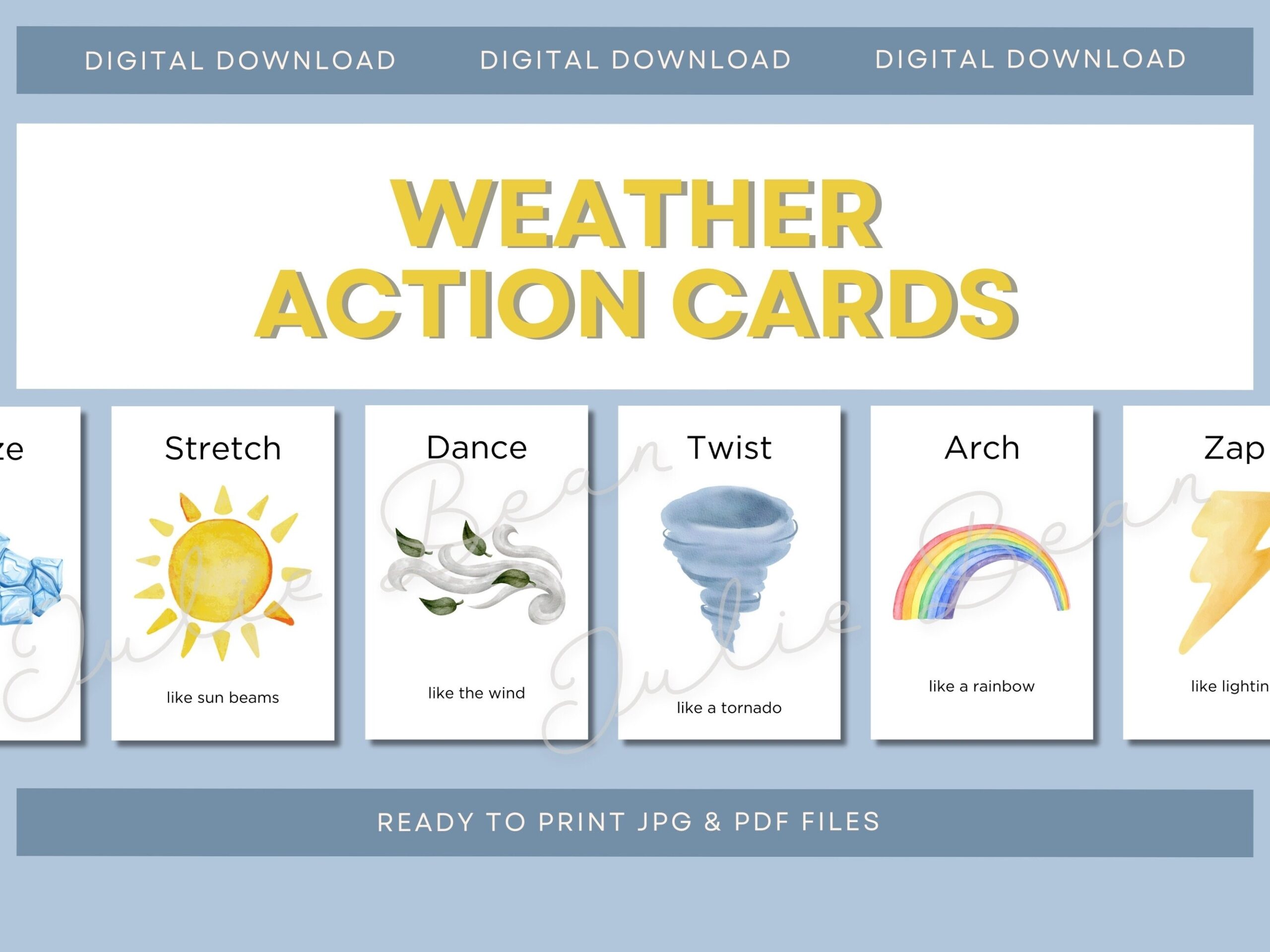 Watercolor Weather Movement Cards Montessori Homeschool Activity Digital Download Etsy Weather Pop Up Cards Read Or Write About Weather Kindergarten Creations