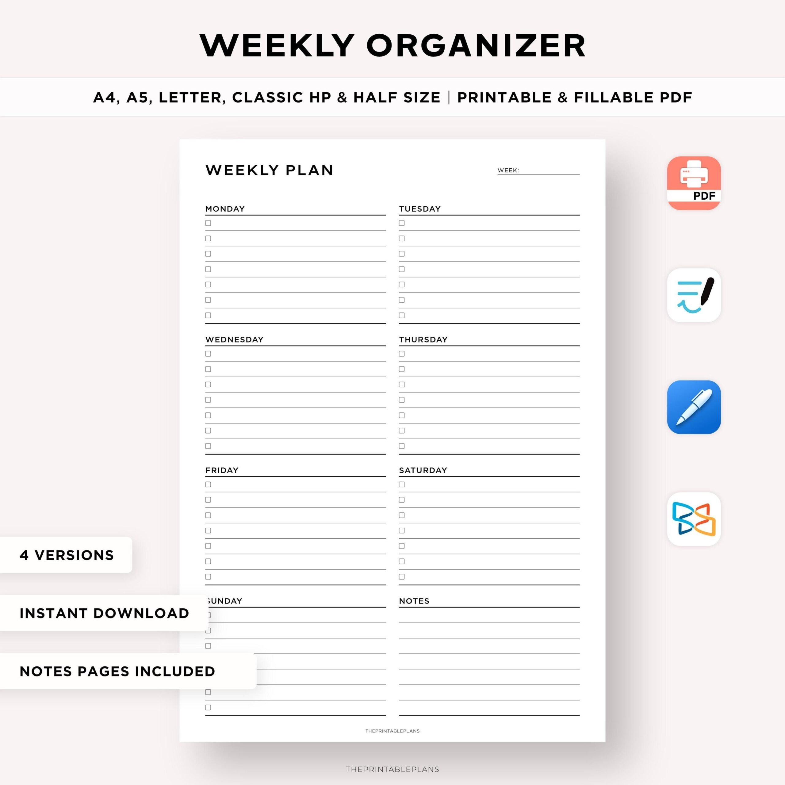 Weekly Organizer Printable Weekly Schedule Weekly Planner Printable To Do List Weekly Agenda Week At A Glance A4 A5 Letter Classic Half Etsy