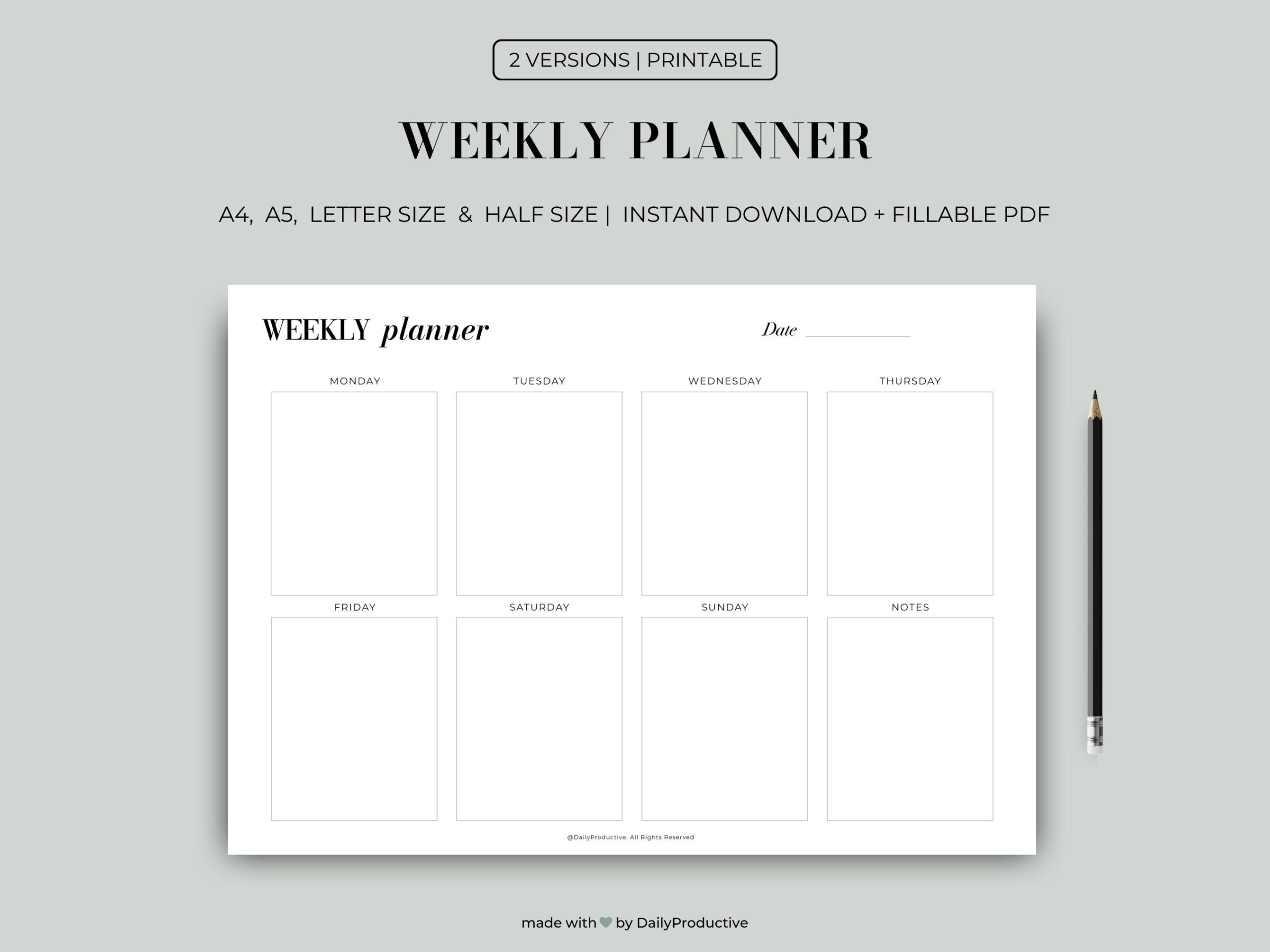 Weekly Planner Printable Weekly Planner Landscape Productivity Planner Instant Download A4 a5 letter half Sizes Etsy