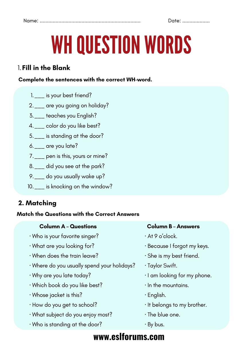 WH Question Words Worksheets And Exercises ESL Forums