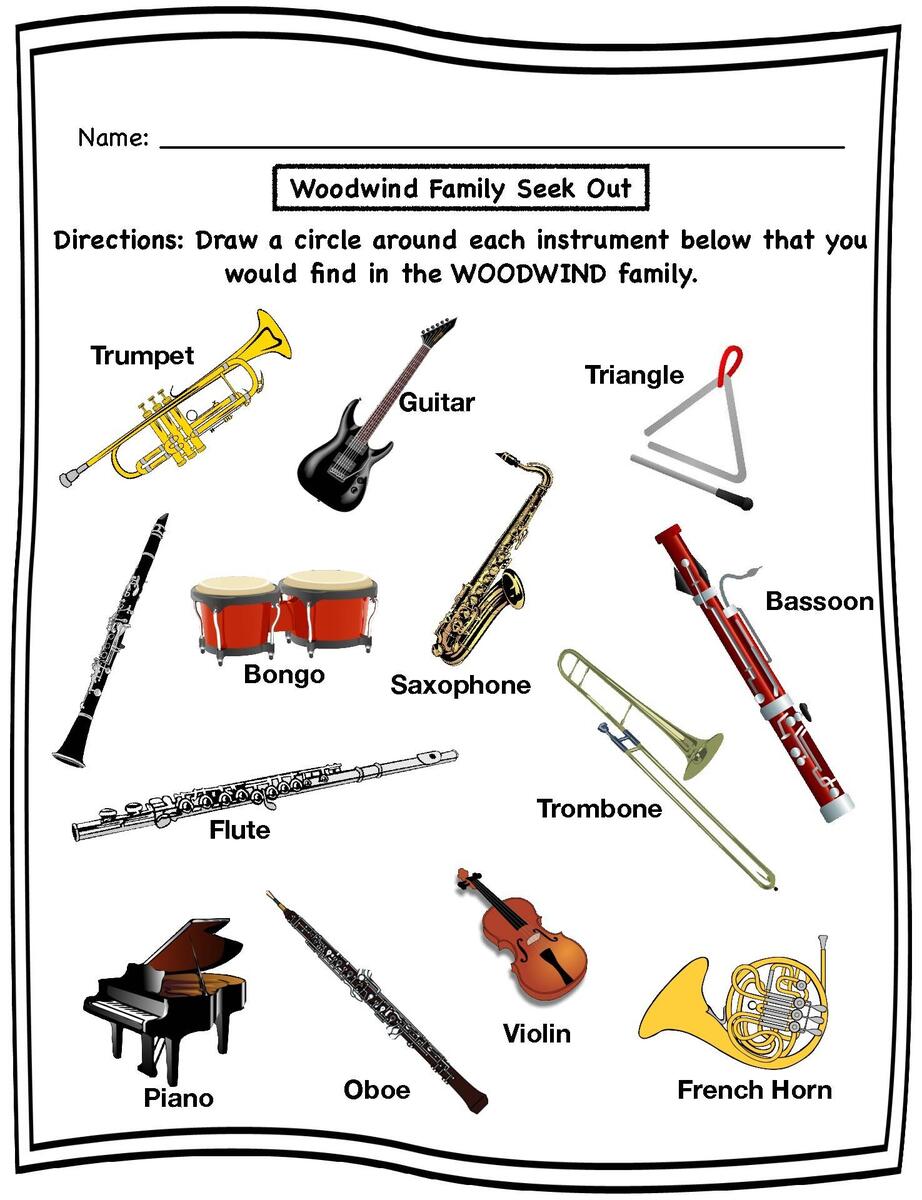 Woodwind Family Instrument Worksheets Identifying Labeling Centers Assessment