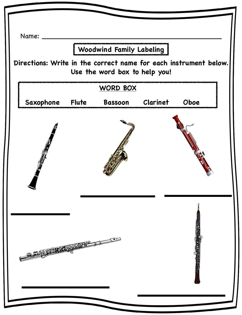 Woodwind Family Instrument Worksheets Identifying Labeling Centers Assessment