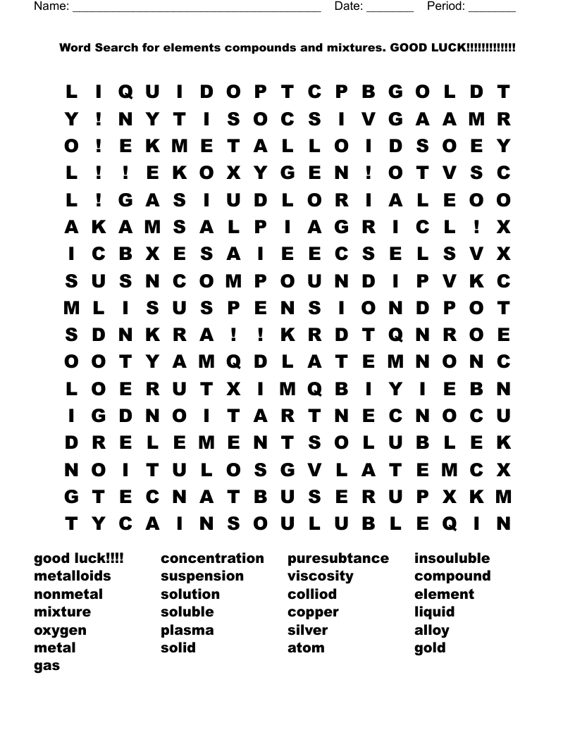 Word Search For Elements Compounds And Mixtures GOOD LUCK WordMint