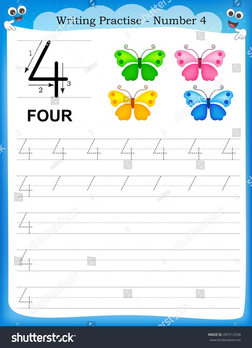 Writing Practice Number Four Printable Worksheet Stock Vector Royalty Free 287212358 Shutterstock
