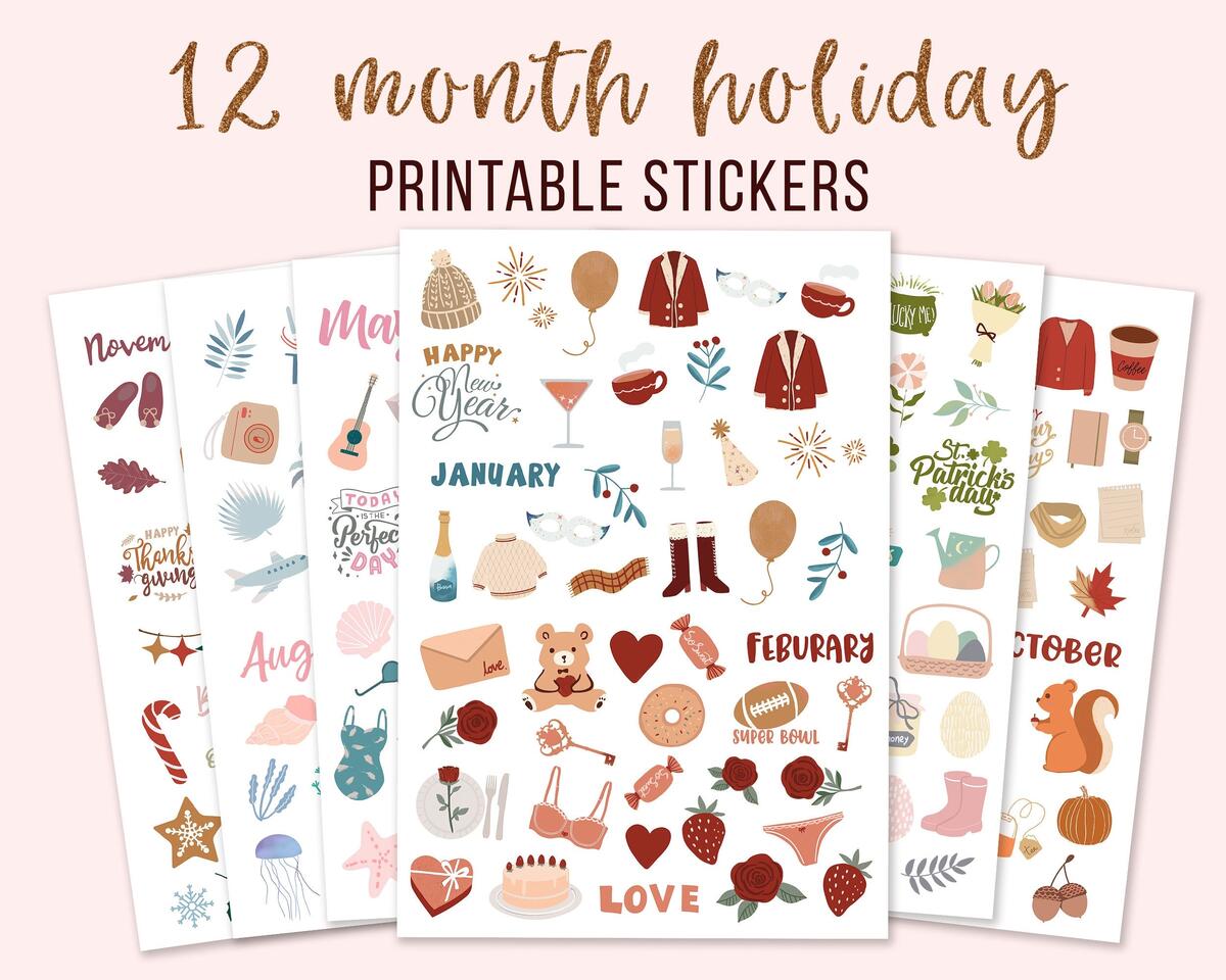 Yearly Holiday Printable Planner Stickers Printable Journal Stickers Calendar Printable Sticker With Silhouette And Cricut Cut File Etsy